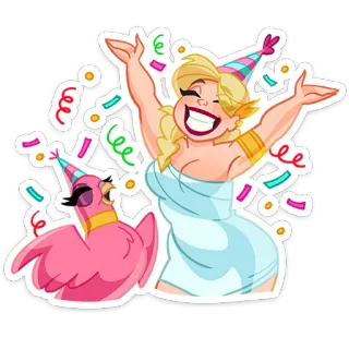 🥳 celebration, party, cartoon, woman, bird, confetti, fun telegram sticker