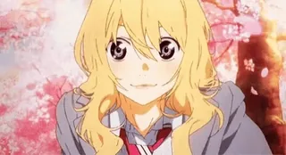 🍫 Kaori Miyazono Your Lie in April anime, girl, blonde, cute, school uniform, cherry blossoms, smile, happy telegram sticker