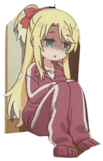 😔 Anime, Personaje, Pelo Rubio, Sentado/a, Chica, Dibujo animado, Ilustración telegram sticker