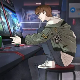 🧃 anime, man, arcade, gaming, sitting, character telegram sticker