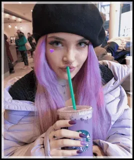 🌿 woman, purple hair, beret, starbucks, drink telegram sticker