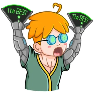 🤩 THE BEST Fan, Dibujos animados, Emocionado, Feliz, Gafas, Brazos mecánicos, El mejor whatsapp sticker