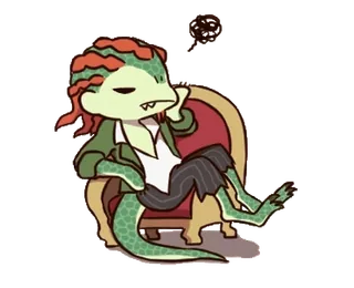 😒 lizard, cartoon, character, thinking, sitting, chair telegram sticker