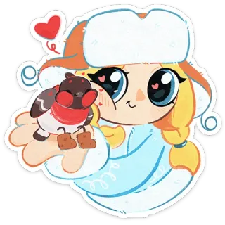🥰 Winter, süß, kawaii, Cartoon, Mädchen, Vogel, Herz telegram sticker