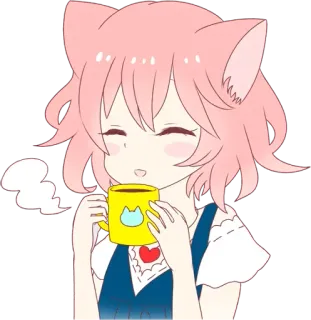 ☕ Anime, Ragazza gatto, Kawaii, Carino, Caffè, Tè, Cartone animato telegram sticker