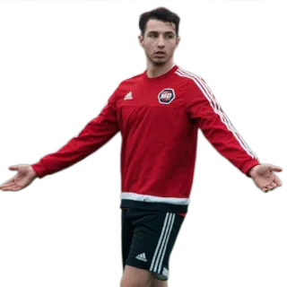 😕 joueur de foot, athlète, maillot rouge, short noir, bras écartés, sport, extérieur, homme telegram sticker