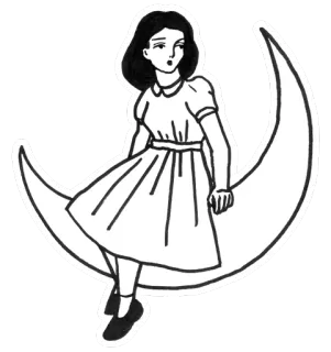 😒 fille, lune, robe, assise, noir et blanc, femme whatsapp sticker