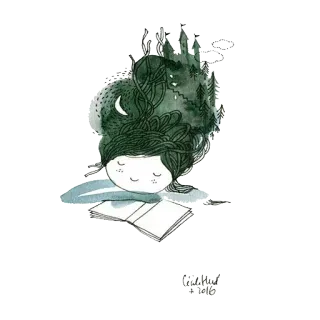 📔 Fantasía, Lectura, Niña, Libro, Bosque, Luna, Castillo telegram sticker