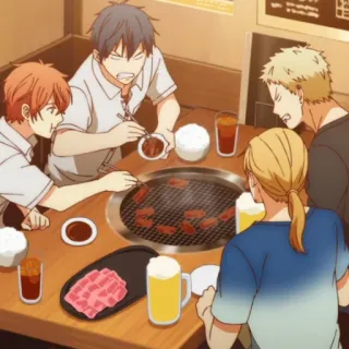 🍖 eating, meal, food, table, anime style, friends, barbecue, meat telegram sticker
