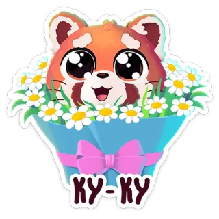 🌟 КУ-КУ panda rojo, flores, lindo, animal, kawaii, dibujos animados telegram sticker