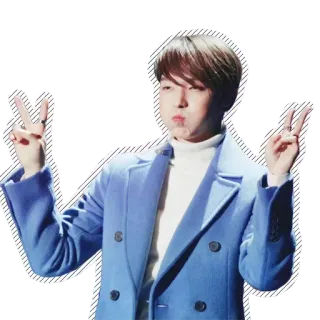 ✌️ สัญลักษณ์สันติภาพ, ผู้ชาย, เสื้อโค้ทสีฟ้า, ปากคว่ำ, ท่าทาง whatsapp sticker
