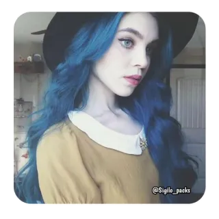 🦋 @Sigilo_packs femme, cheveux bleus, chapeau, portrait, mode, beauté whatsapp sticker