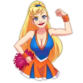 💪 啦啦队, 卡通, 女人, 金发, 橙色, 蓝色, 绒球, 秀肌肉 telegram sticker