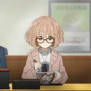 🍧 Mirai Kuriyama Beyond the Boundary anime, girl, glasses, eating, bowl, food, cute whatsapp sticker