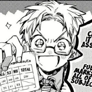🧡 Exam results
ALG SCI HIS TOTAL
100 100 100 500
72 61 82
C IT ASS
FUE MARK ALL OF SUBJEC Anime, Escola, Teste, Mangá, Notas telegram sticker