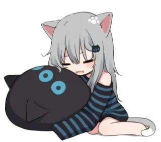 😴 อนิเมะ, สาวหูแมว, นอนหลับ, หมอน, จิบิ, น่ารัก telegram sticker