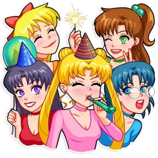 🥳 Sailor Moon Sailor Moon, anime, party, friends, sparkler, celebration, cartoon telegram sticker