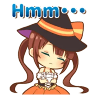 😶 Hmm... 할로윈, 마녀, 애니메이션, 치비, 생각하는, 귀여운 telegram sticker