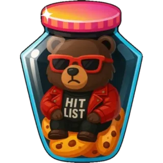 ❤️ HIT LIST Bär, Cartoon, Keks, Glas, Todesliste, Tier, Sonnenbrille, rote Jacke whatsapp sticker