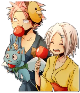 👫 Natsu Dragneel Fairy Tail anime, manga, fairy tail, natsu, happy, candied apple, yukata telegram sticker