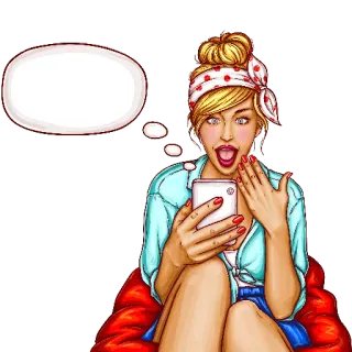 📲 femme, dessin animé, excité, smartphone, bulle de dialogue, rétro telegram sticker