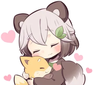 ❤️ cute, anime, kawaii, chibi, fox, bear, hugging telegram sticker