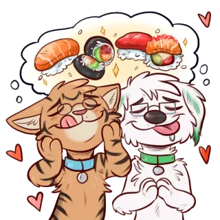 🍣 gato, cachorro, sushi, comida, amor, corações, desenho animado, animal telegram sticker