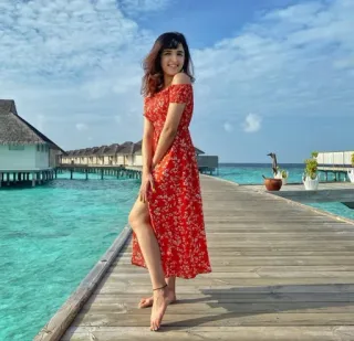 ❤️ woman, red dress, beach, vacation, travel, ocean telegram sticker