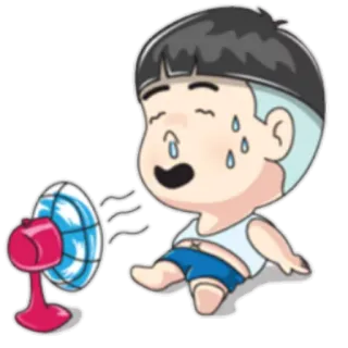 😓 panas, keringat, anak laki-laki, kipas angin, kartun, musim panas, panas, pendinginan whatsapp sticker