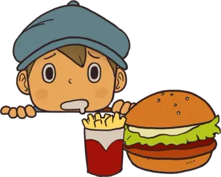 🤤 Professor Layton Professor Layton, Hambúrguer, Batatas fritas, Comida, Desenho animado, Anime telegram sticker