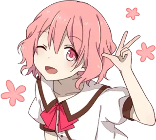 😉 Anime, Kawaii, Sticker, Süß, Mädchen, Pinke Haare, Friedenszeichen, Zwinkern, Cartoon whatsapp sticker