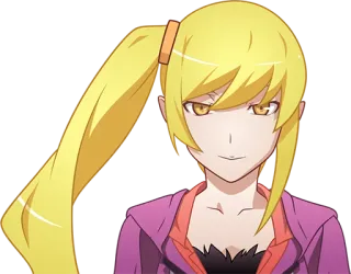 😎 Shinobu Oshino Monogatari anime, garota, cabelo loiro, rabo de cavalo, personagem, sorrindo telegram sticker