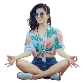 😌 Frau, sitzen, Yoga, Shorts, Shirt, Sonnenbrille whatsapp sticker