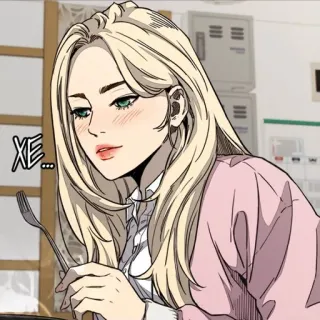 🌟 XE... capelli biondi, donna, forchetta, espressione, webtoon telegram sticker
