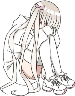 😔 anime girl, sad, crying, white hair, sitting, hoodie telegram sticker