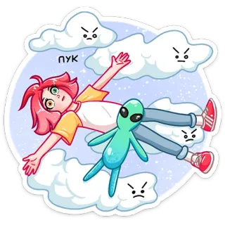 😵 пук cartoon, alien, clouds, girl, pink hair, cute, whimsical, sticker whatsapp sticker