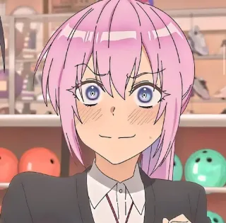 🙂 anime, girl, pink hair, bowling, blush, smiling telegram sticker
