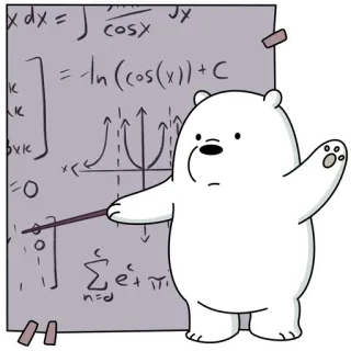 👨‍🏫 Ice Bear We Bare Bears xdx =
cosx
Jy
= In (cos(x))+C
K
K
0
n=d медведь, математика, мультфильм, персонаж, алгебра, интеграл, косинус, уравнение telegram sticker