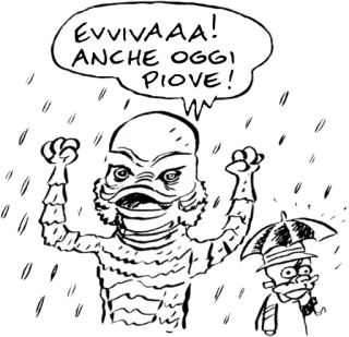 🌧 EVVIVAAA! ANCHE OGGI PIOVE! La criatura de la Laguna Negra, Monstruo, Lluvia, Dibujos animados, Italiano, Tiempo, Humor telegram sticker