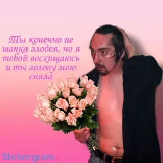 ❤️ Ты конечно не шапка злодея, но я тобой восхищаюсь и ты голову мою сняла мужчина, розы, романтика, любовь, букет, русский telegram sticker