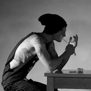 🚬 smoking, tattoo, man, beanie, cigarette, indoors telegram sticker