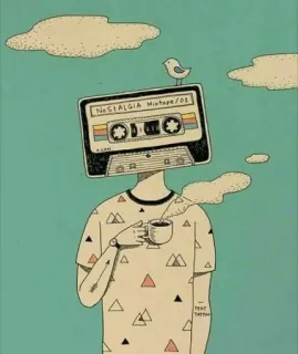 🎵 NOSTALGIA Vintage/01 nostalgie, vintage, cassette audio, rétro, oiseau, café, art, dessin telegram sticker