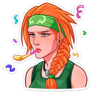 😖 Breach Valorant video game, party, confetti, orange hair, sad, celebration, gamer whatsapp sticker