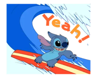 💪 Stitch Yeah! Стич, Серфинг, Волна, Мультфильм, Милый, Анимация, Лило и Стич, Дисней whatsapp sticker