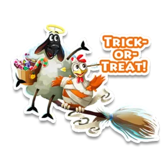 🍬 TRICK-OR-TREAT! овца, курица, хэллоуин, сладость или гадость, метла, конфета, животное, праздник whatsapp sticker