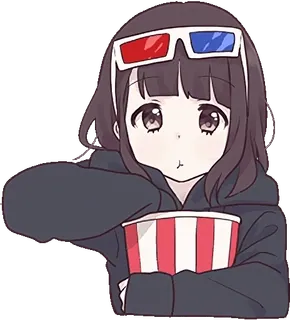 🥜 Garota anime, Óculos 3D, Pipoca, Assistindo filme, Fofo, Desenho animado telegram sticker