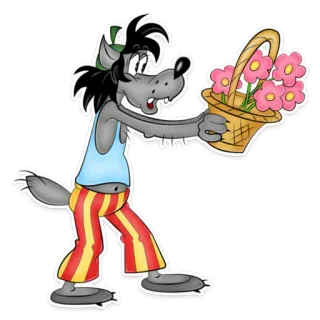 🌹 หมาป่า, การ์ตูน, ดอกไม้, ตะกร้า, กางเกงลาย whatsapp sticker