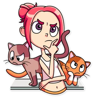 🤔 Desenho animado, Menina, Gatos, Pensando, Fofo, Animal de estimação, Confuso telegram sticker