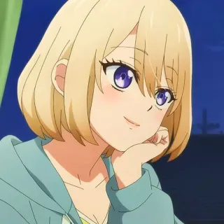 😌 anime, dziewczyna, słodka, blond włosy, niebieska bluza, uśmiechnięta telegram sticker
