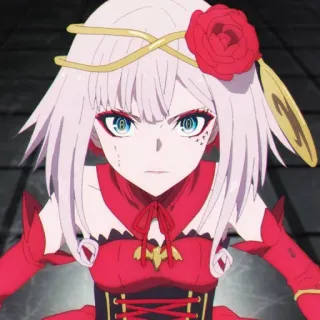 🥀 ragazza anime, vestito rosso, capelli bianchi, personaggio femminile, anime, cartone animato telegram sticker